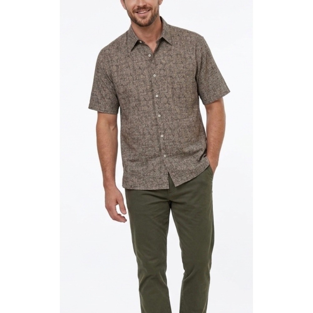 Tori Richard Mens Large Brown Geometric Cotton Lawn Short Sleeve Button Down